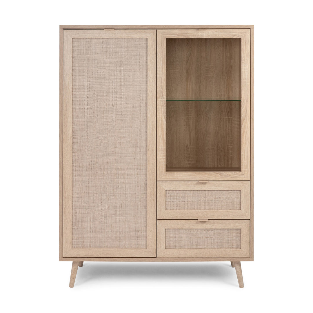 Bali highboard i lys eik med rottingdør, glassvitrine og rottingskuffer