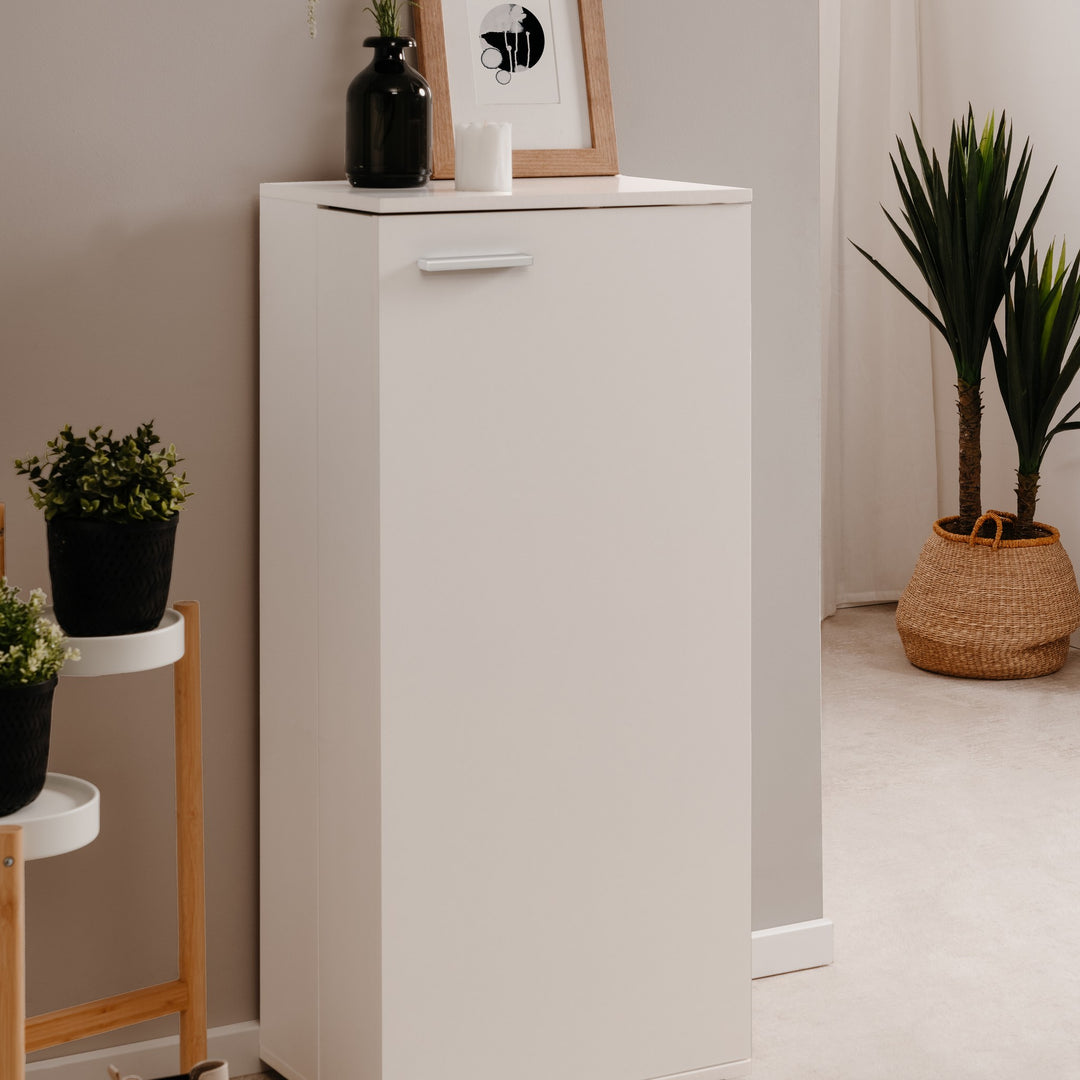 Satos skoskap i hvitt i entré med grønne planter, vase og bilderamme på toppen