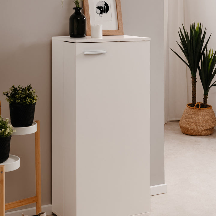 Satos skoskap i hvitt i entré med grønne planter, vase og bilderamme på toppen
