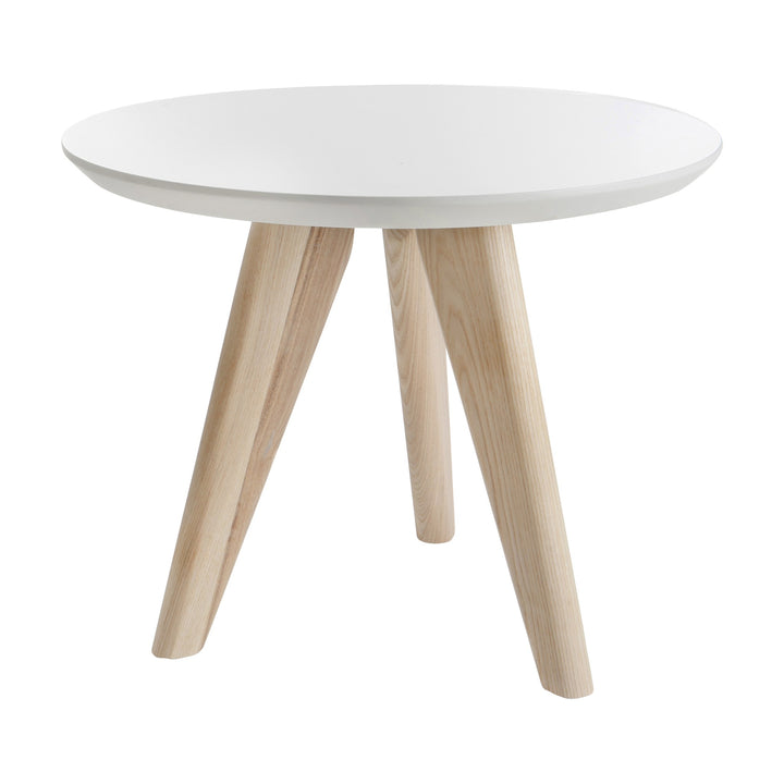 Ask sofabord, rundt med hvit plate og ben i eik