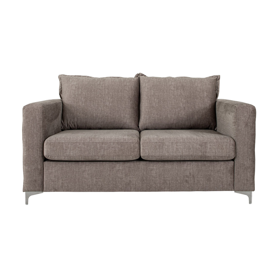 Arizona sofa i gråbrun med knappet chesterfield-mønster og blanke metallben