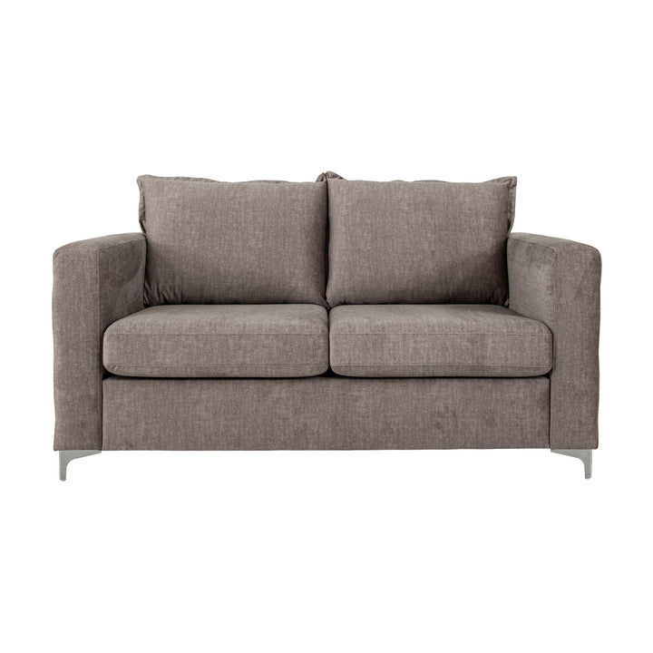 Arizona sofa i gråbrun med knappet chesterfield-mønster og blanke metallben