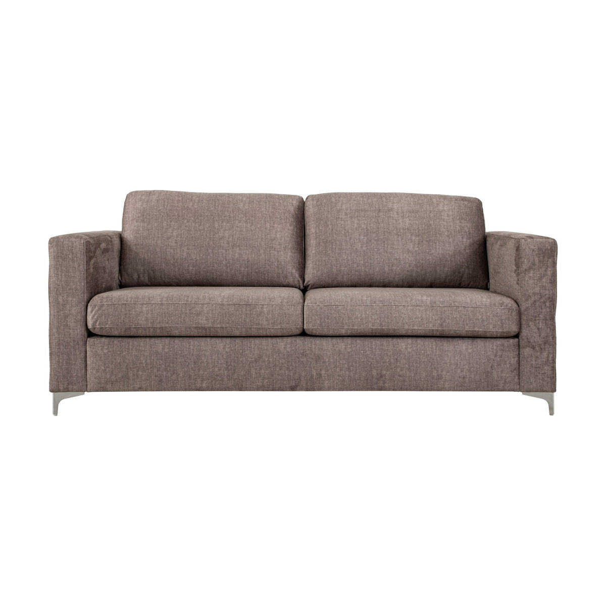 Arizona sofa i gråbrun med knappet chesterfield-mønster og blanke metallben