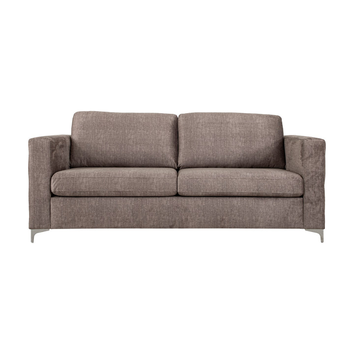 Arizona sofa i gråbrun med knappet chesterfield-mønster og blanke metallben