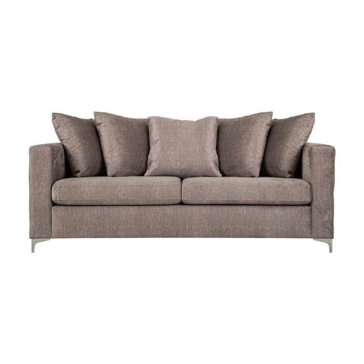 Arizona sofa i gråbrun med knappet chesterfield-mønster og blanke metallben