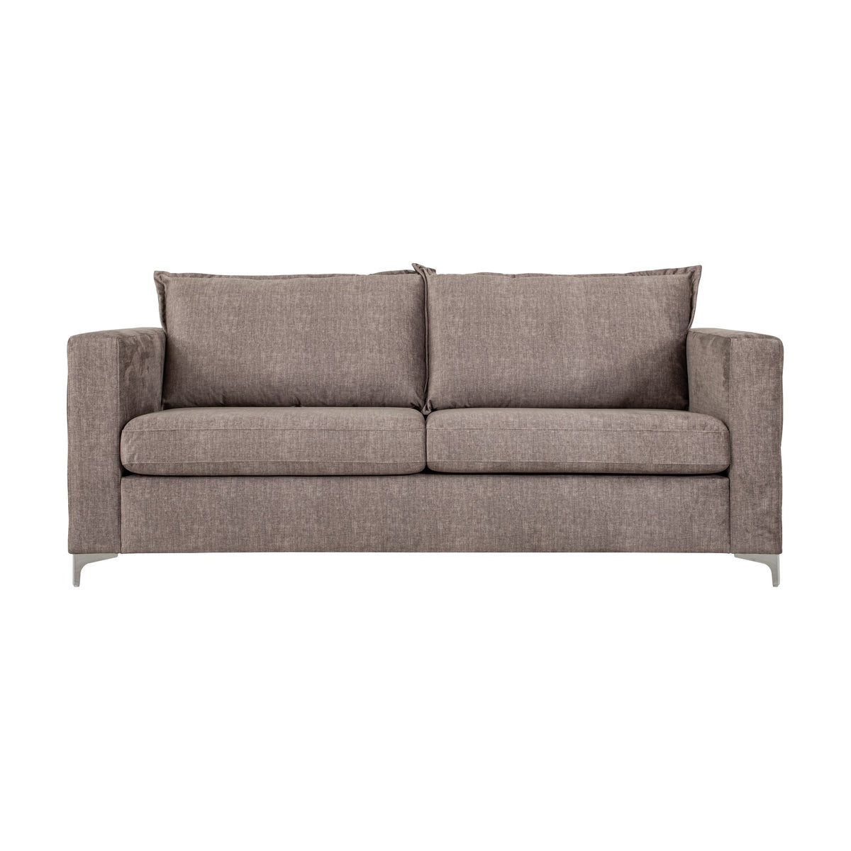 Arizona sofa i gråbrun med knappet chesterfield-mønster og blanke metallben