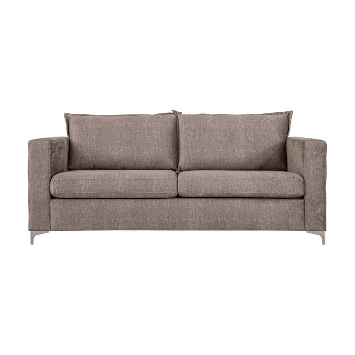 Arizona sofa i gråbrun med knappet chesterfield-mønster og blanke metallben