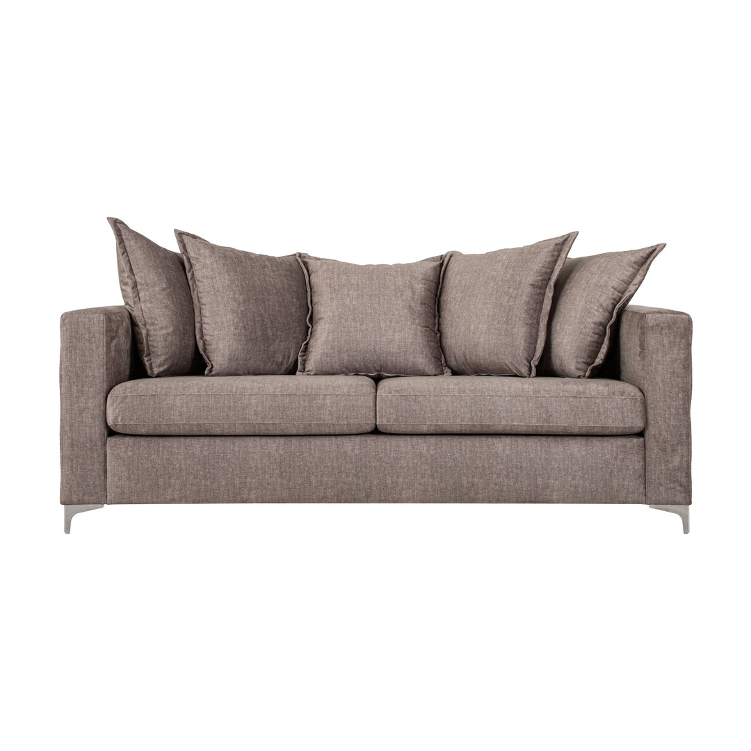 Arizona sofa i gråbrun med knappet chesterfield-mønster og blanke metallben