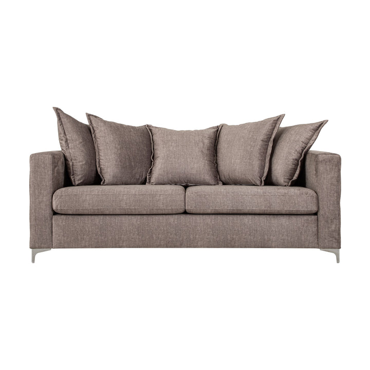 Arizona sofa i gråbrun med knappet chesterfield-mønster og blanke metallben