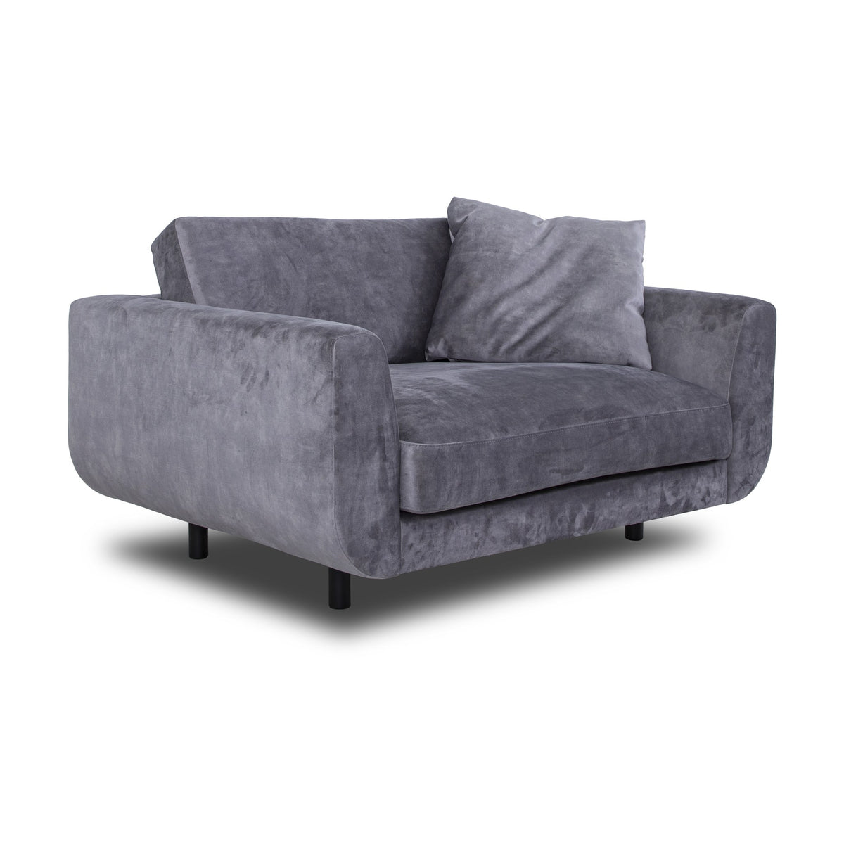 Lazy 1-seter sofa i grå velur med løs pute og sorte ben, sett skrått forfra