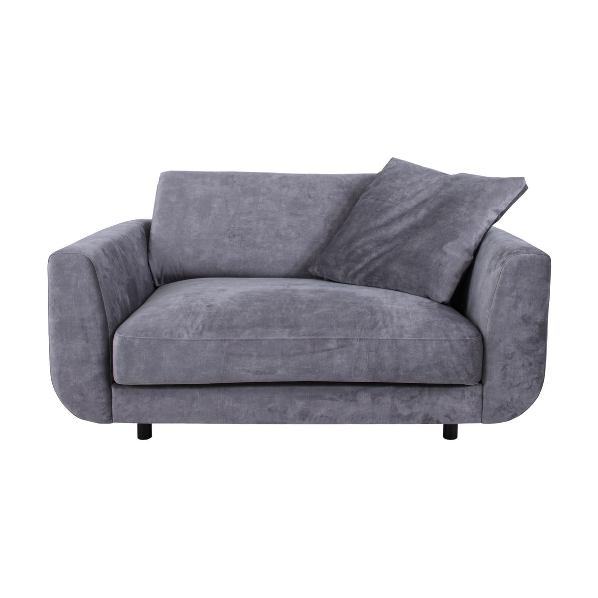 Lazy sofa i grå velur med løs pute og sorte ben