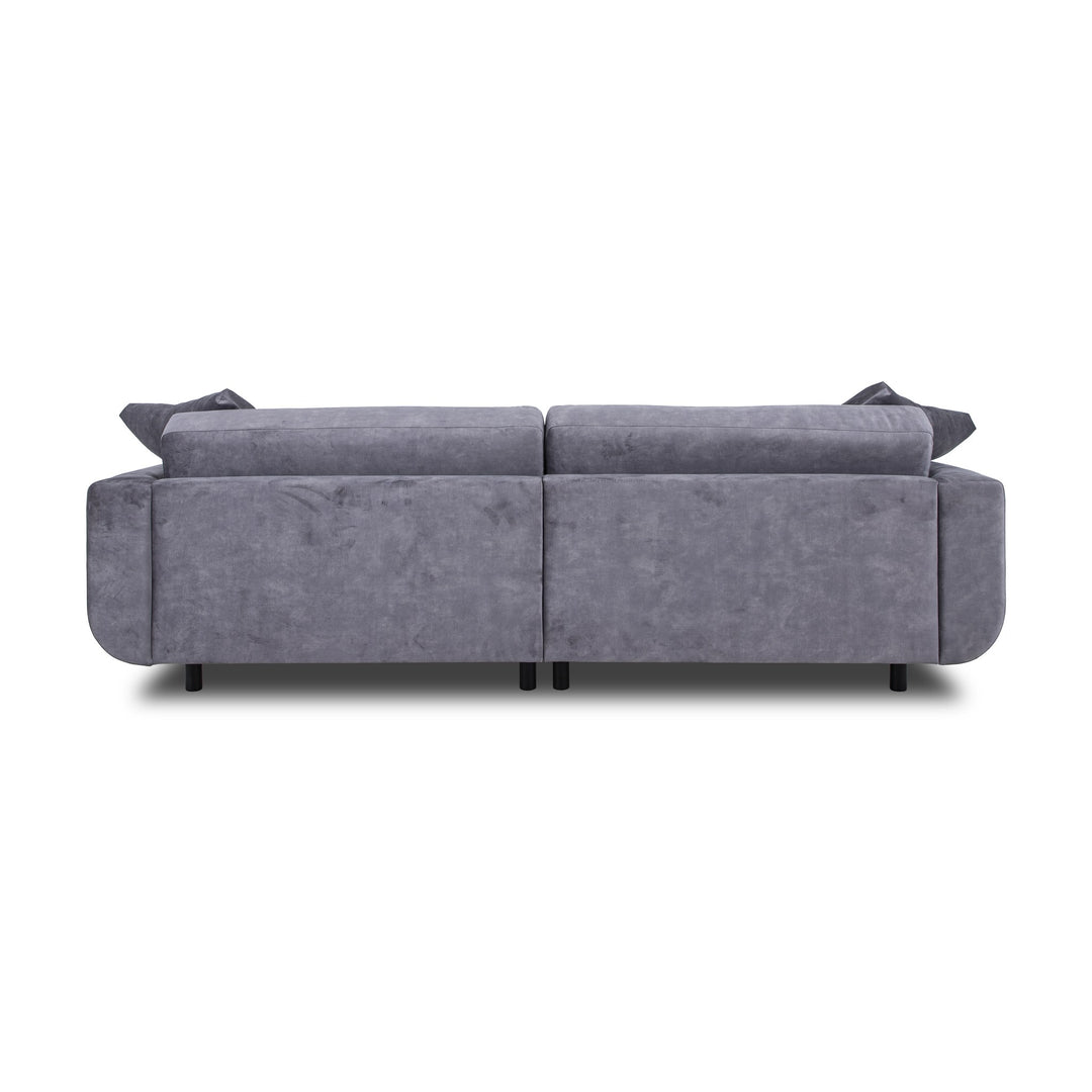 Lazy 3-seter sofa i grå velur, sett bakfra med løse ryggputer