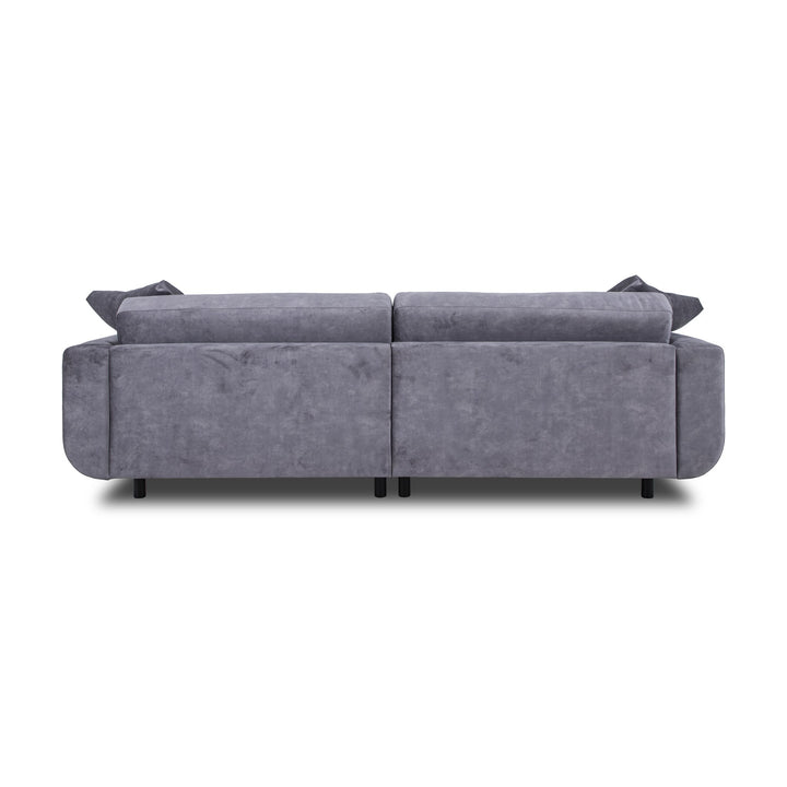 Lazy 3-seter sofa i grå velur, sett bakfra med løse ryggputer