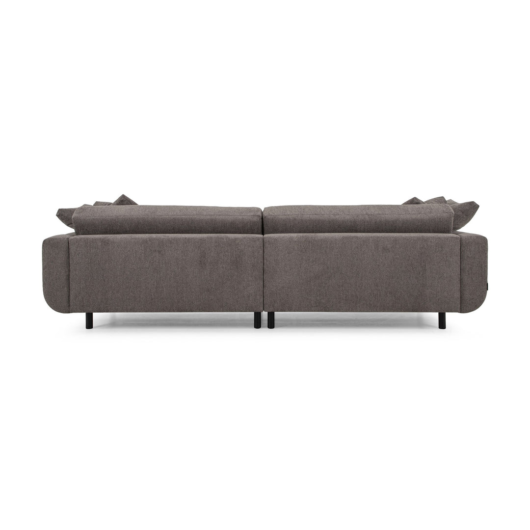 Lazy Sofa i gråbrun stoff, nærbilde av armlene og ryggpute
