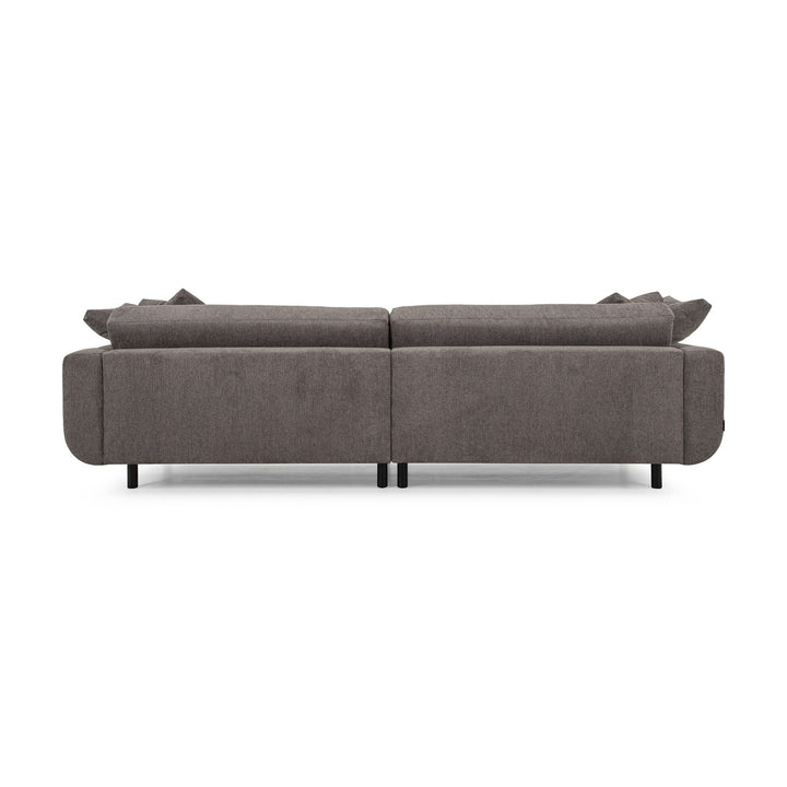 Lazy Sofa i gråbrun stoff, nærbilde av armlene og ryggpute