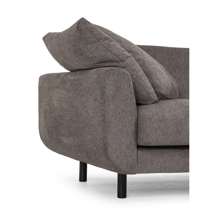 Lazy Sofa i gråbrun stoff med matchende puff, sett fra siden med svarte ben