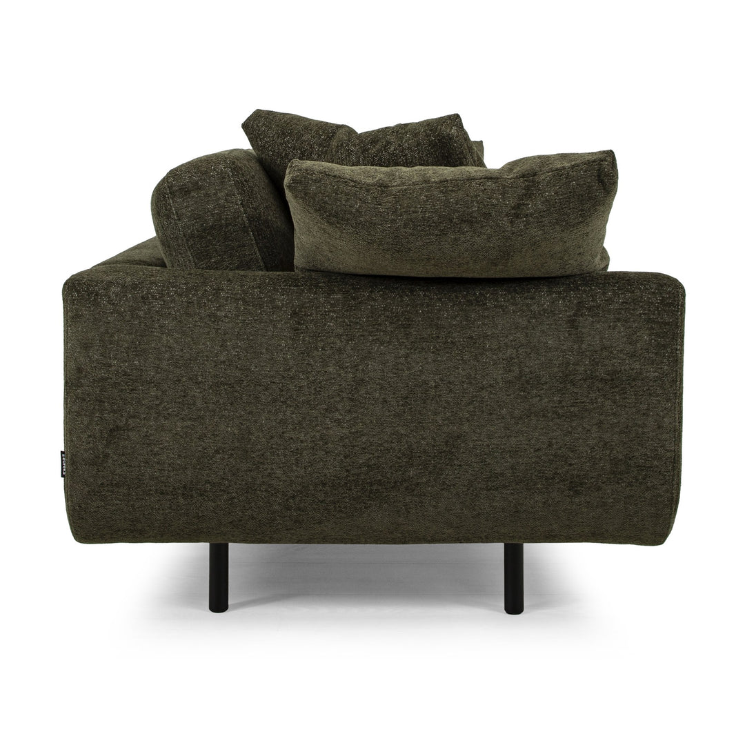 Lazy Sofa i mørk grønn stoff sett fra siden, med løse puter og svarte ben
