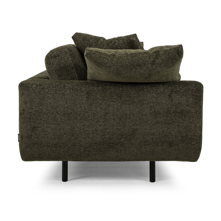 Lazy Sofa i mørk grønn stoff sett fra siden, med løse puter og svarte ben