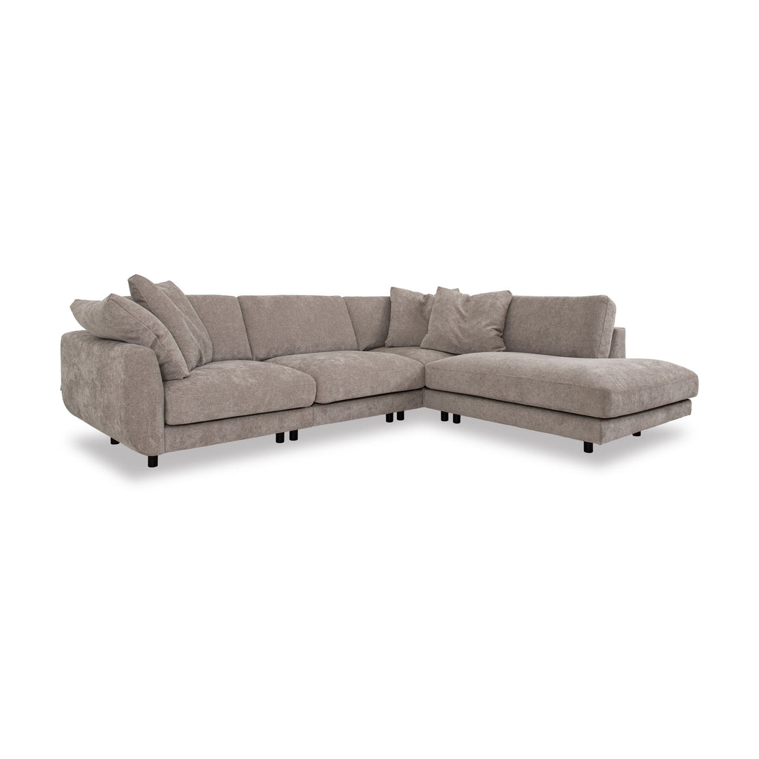 Lazy Sofa i gråbeige stoff, modulsofa med åpen hjørneseksjon til høyre og svarte ben