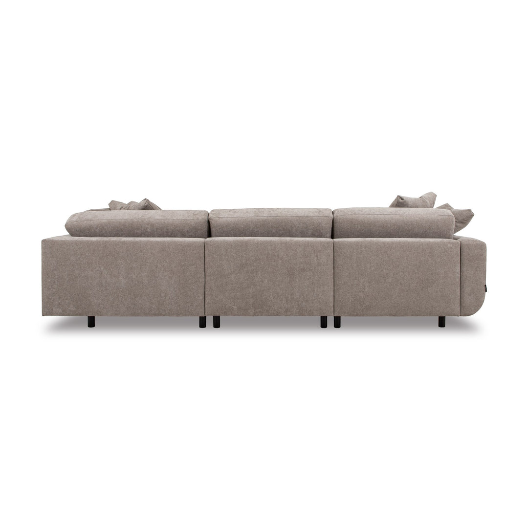 Lazy Sofa i gråbeige stoff sett bakfra, modulsofa med svarte ben