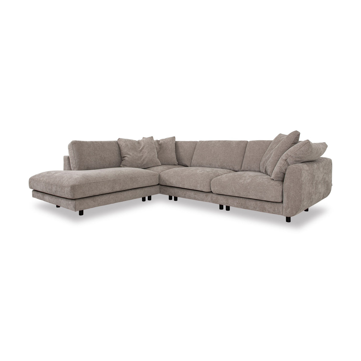 Lazy Sofa i gråbeige stoff, modulsofa med åpen hjørneseksjon til venstre og svarte ben