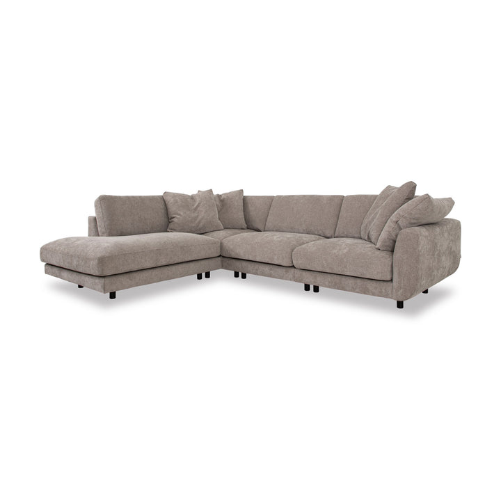Lazy Sofa i gråbeige stoff, modulsofa med åpen hjørneseksjon til venstre og svarte ben