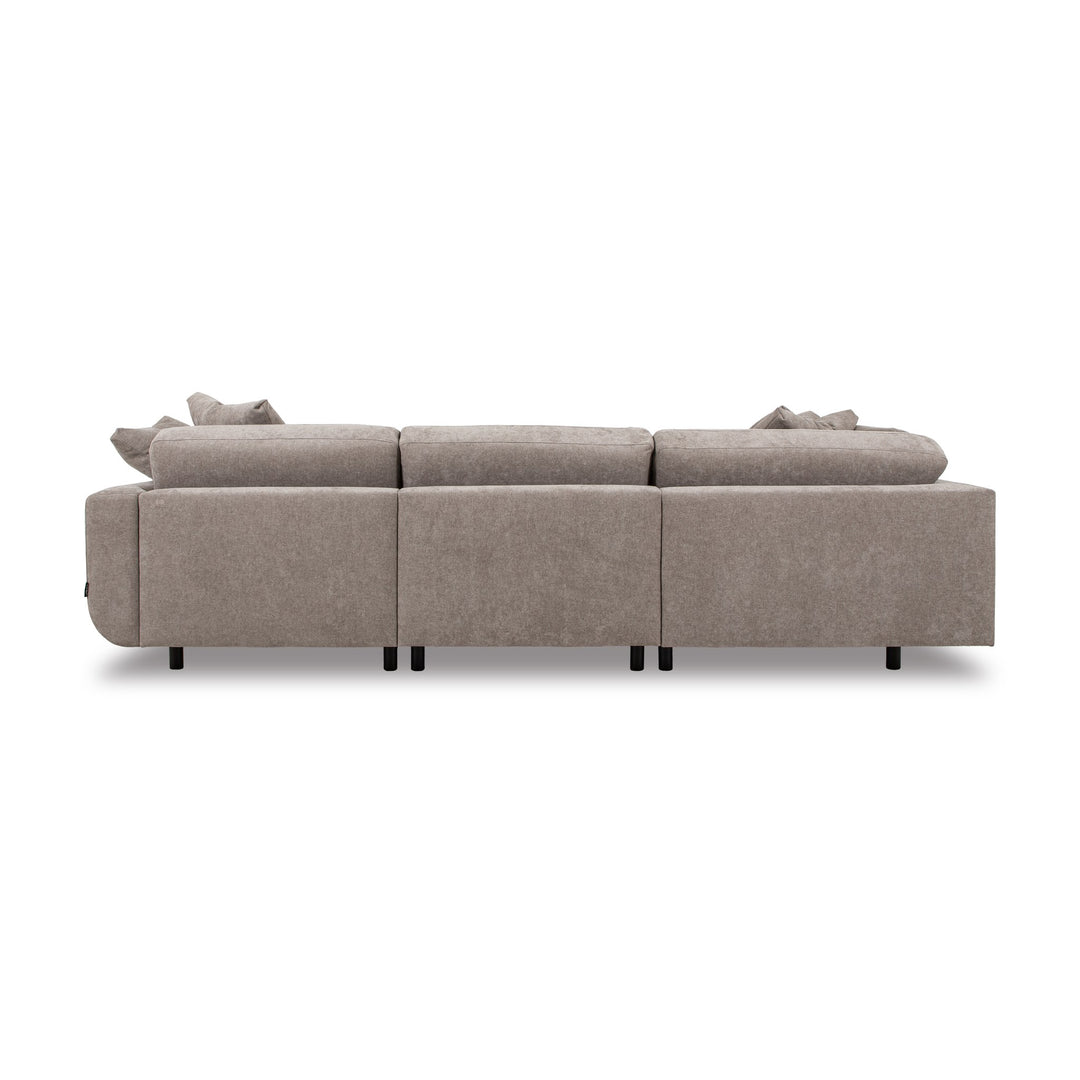 Lazy Sofa i gråbeige stoff sett bakfra, modulsofa med svarte ben