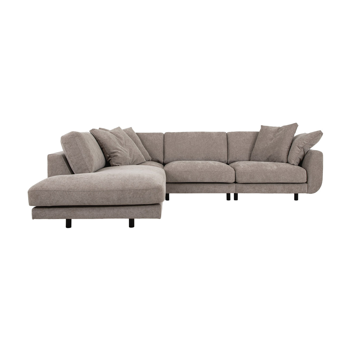 Lazy sofa i grå velur med løs pute og sorte ben