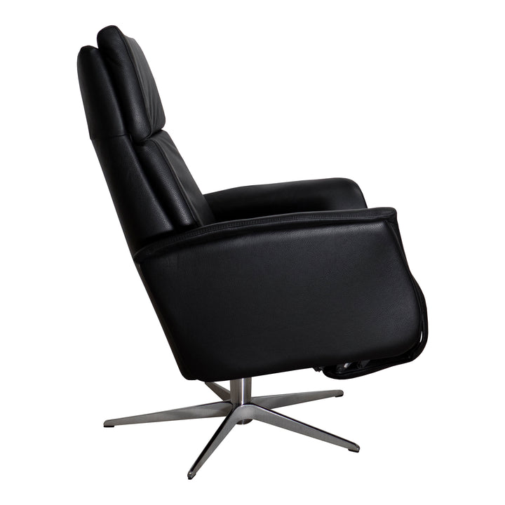 Hjort Knudsen Vile reclinerstol i sort skinn, sett fra siden, med kryssfot i krom