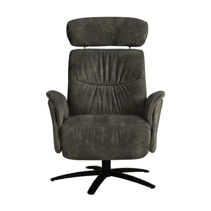 Hjort Knudsen Cool reclinerstol i mørk grønn velur, sett forfra med høy rygg, nakkestøtte og sort kryssfot
