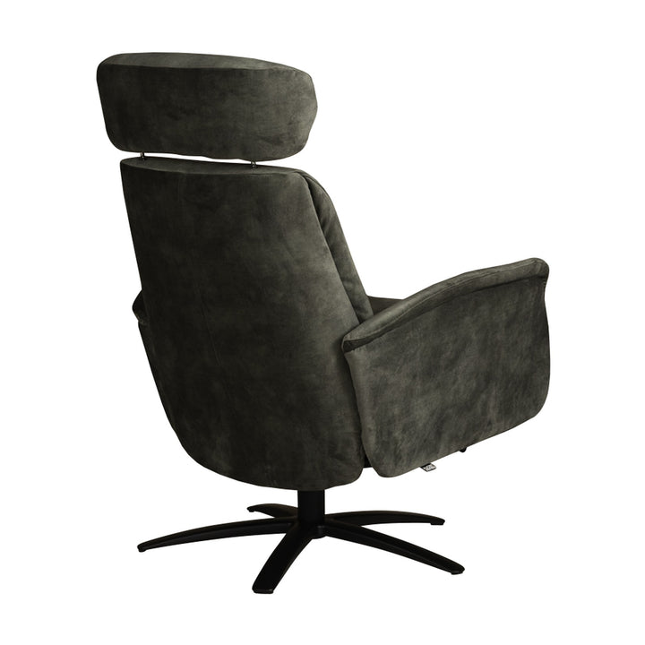 Hjort Knudsen Cool reclinerstol i mørk grønn velur, sett bakfra med nakkestøtte og sort kryssfot