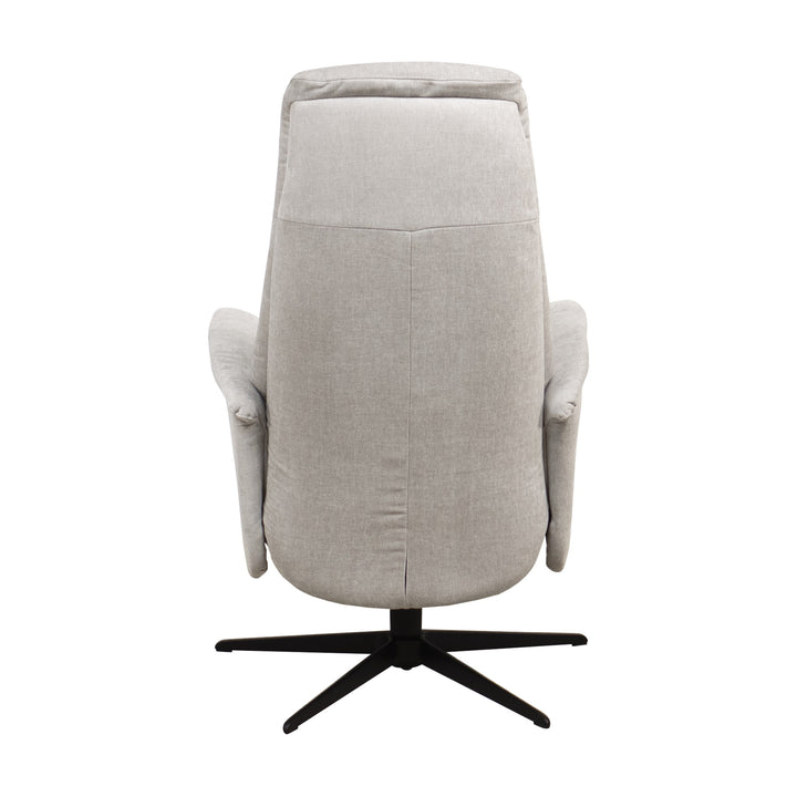 Hjort Knudsen Slimline reclinerstol i lys grå stoff, sett bakfra med nakkestøtte og sort kryssfot