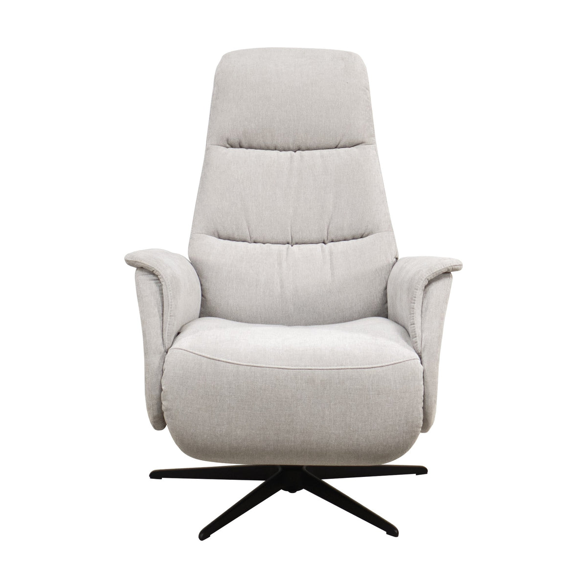 Hjort Knudsen Slimline reclinerstol i lys grå stoff, sett forfra med høy rygg og sort kryssfot