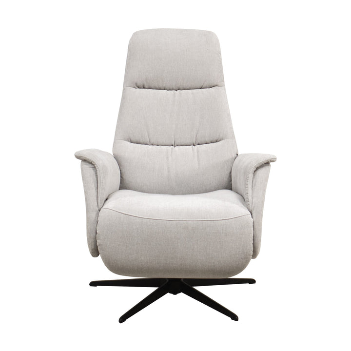 Hjort Knudsen Slimline reclinerstol i lys grå stoff, sett forfra med høy rygg og sort kryssfot