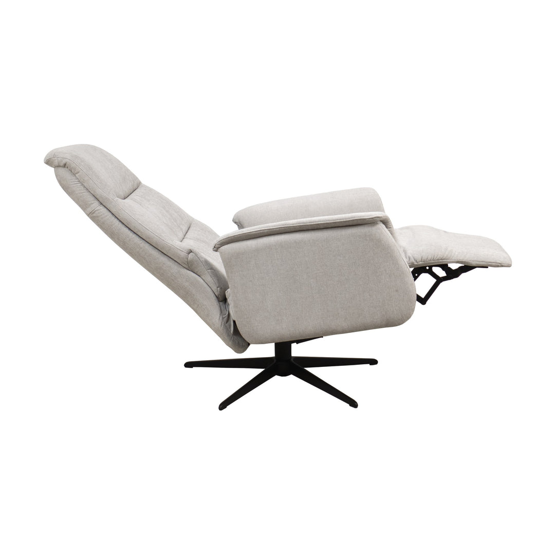 Hjort Knudsen Slimline reclinerstol i lys grå, tilbakelent med utfelt fotstøtte og sort stjernefot
