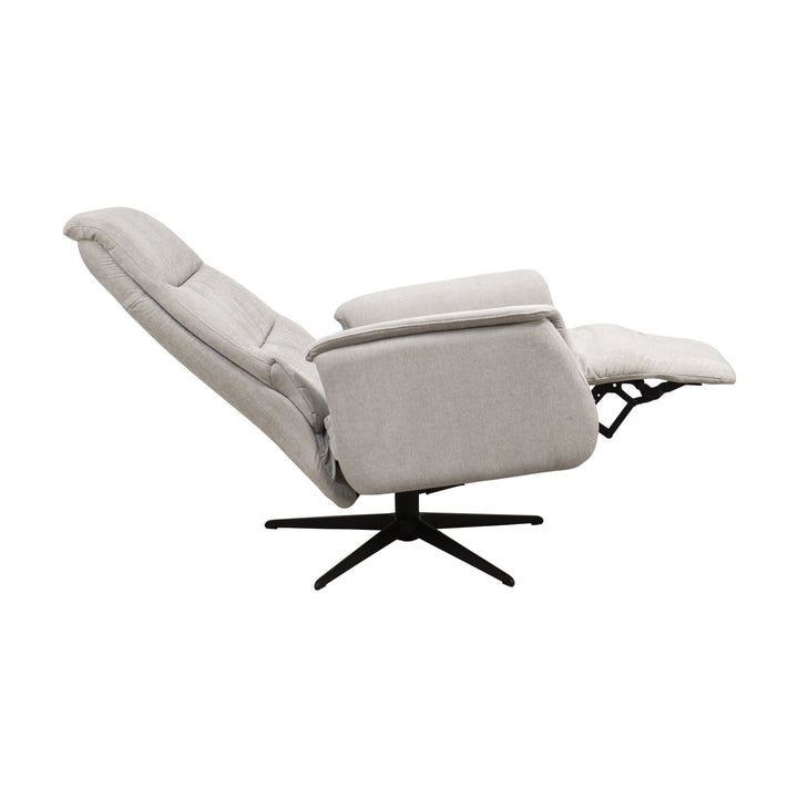 Hjort Knudsen Slimline reclinerstol i lys grå, tilbakelent med utfelt fotstøtte og sort stjernefot