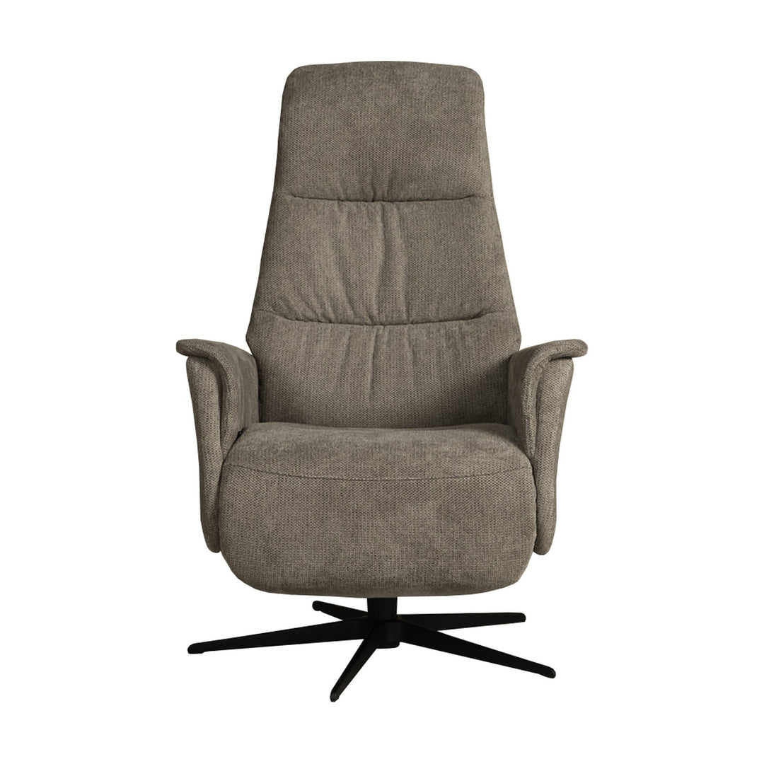 Hjort Knudsen Slimline reclinerstol i gråbrunt stoff, sett forfra med sort stjernefot