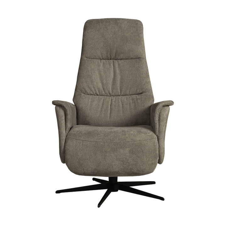 Hjort Knudsen Slimline reclinerstol i gråbrunt stoff, sett forfra med sort stjernefot