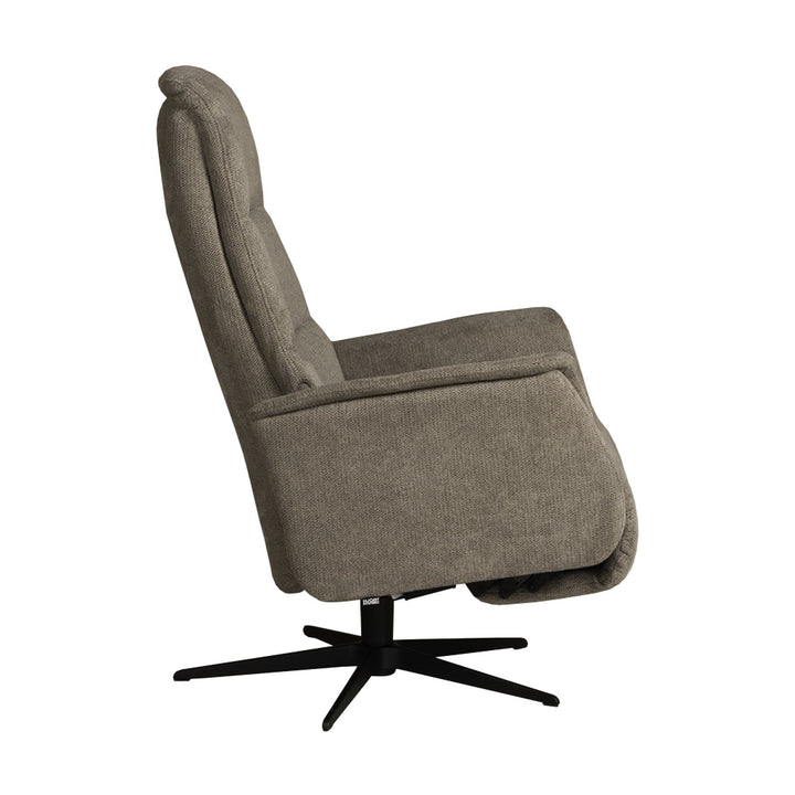 Hjort Knudsen Slimline reclinerstol i gråbrunt stoff, sett fra siden med sort stjernefot