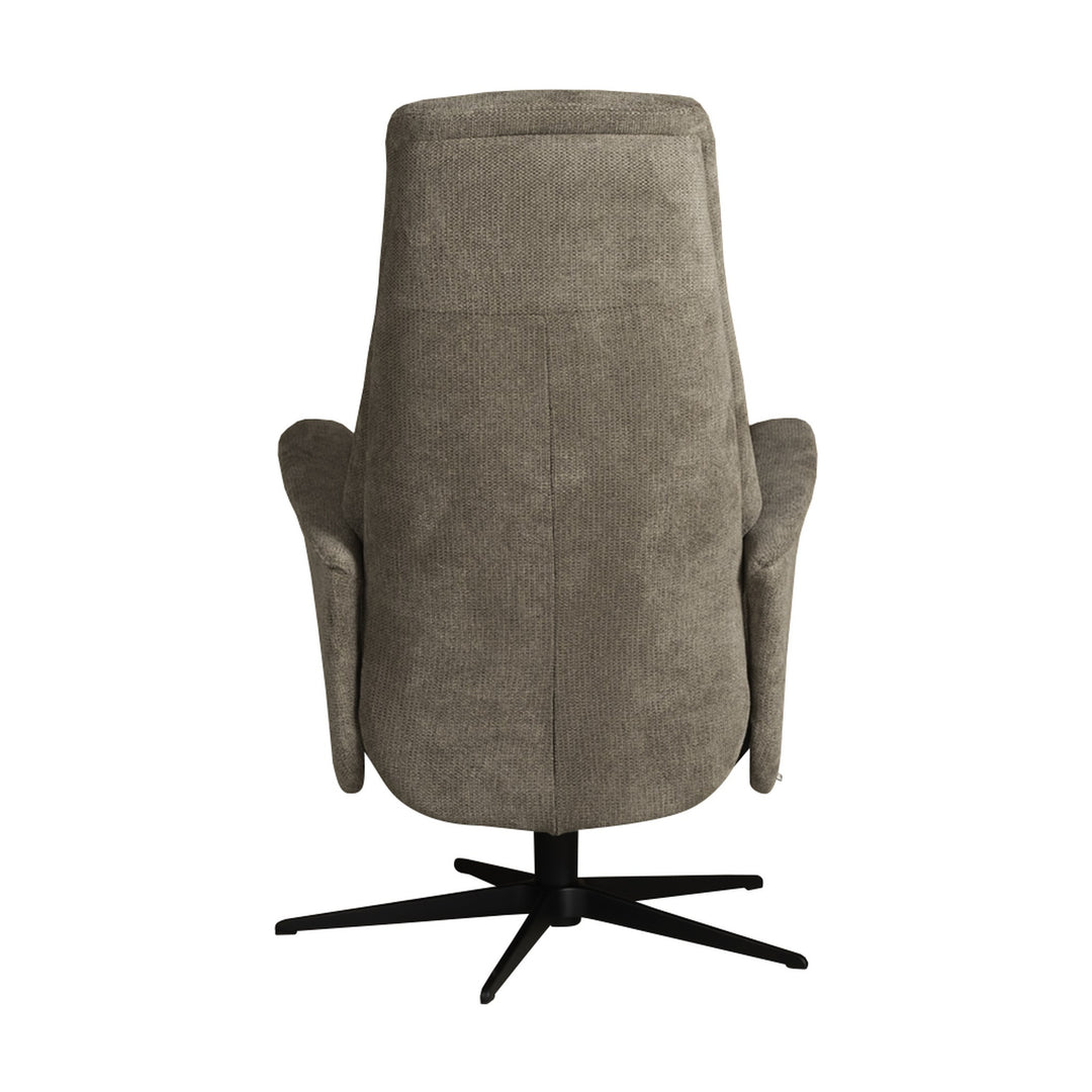 Hjort Knudsen Slimline reclinerstol i gråbrunt stoff, sett bakfra med sort stjernefot