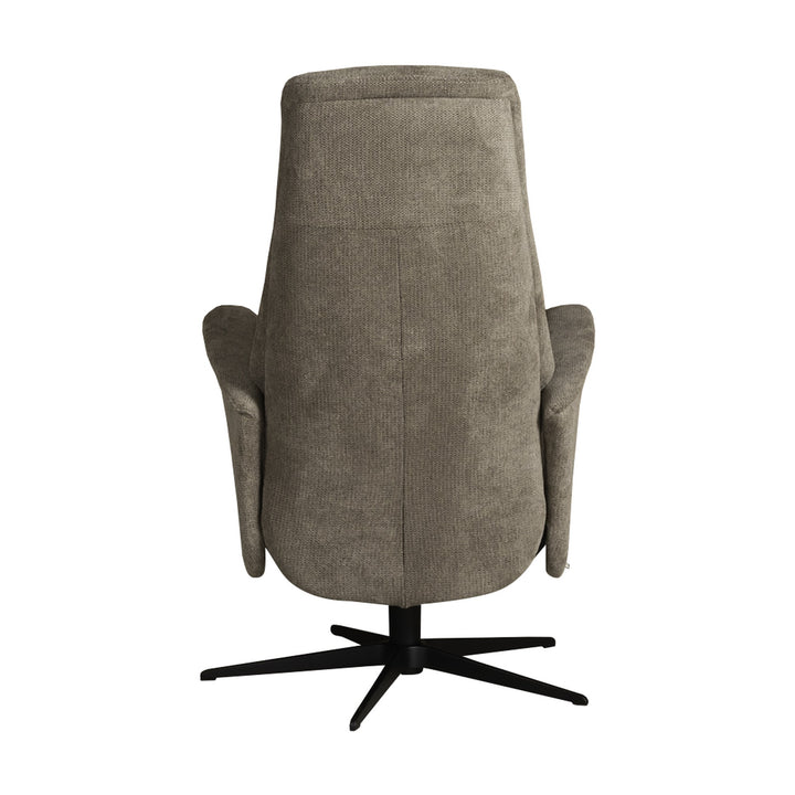 Hjort Knudsen Slimline reclinerstol i gråbrunt stoff, sett bakfra med sort stjernefot