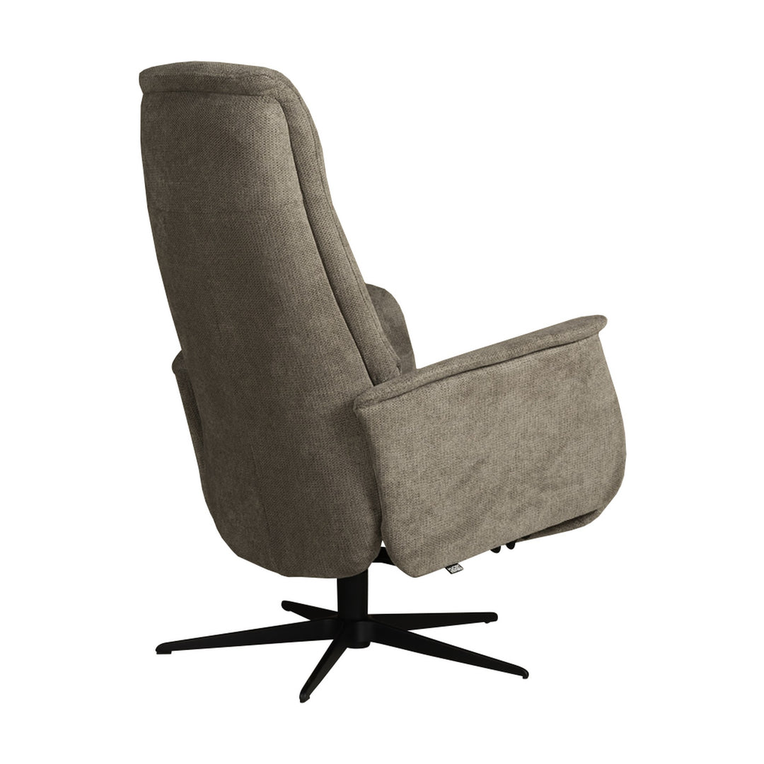 Hjort Knudsen Slimline reclinerstol i gråbrunt stoff, sett skrått bakfra med sort stjernefot