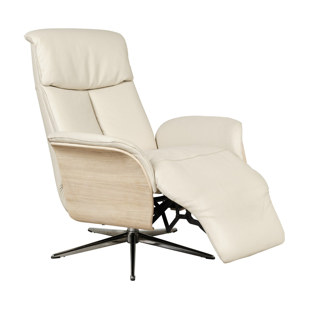 Hjort Knudsen 8295 Superior lenestol i offwhite skinn med eikeskall, utfelt fotstøtte, fra siden