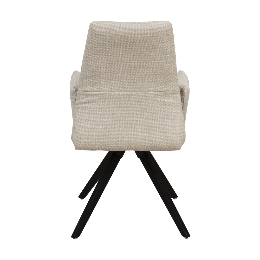 Hjort Knudsen 9063 spisestol i beige stoff med armlener, sett bakfra, med svarte treben