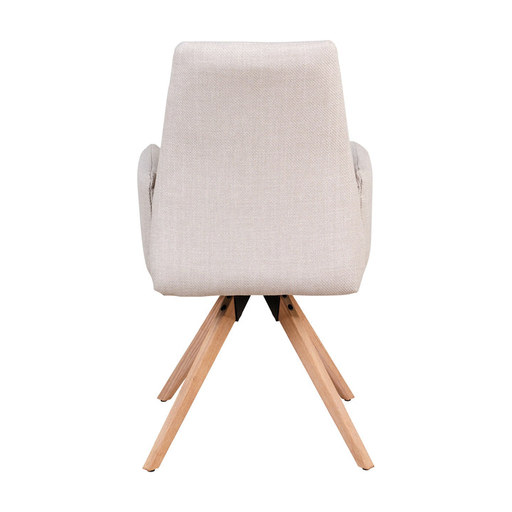 Hjort Knudsen 9063 spisestol i lys beige stoff med armlener og naturfargede eikeben, bakfra