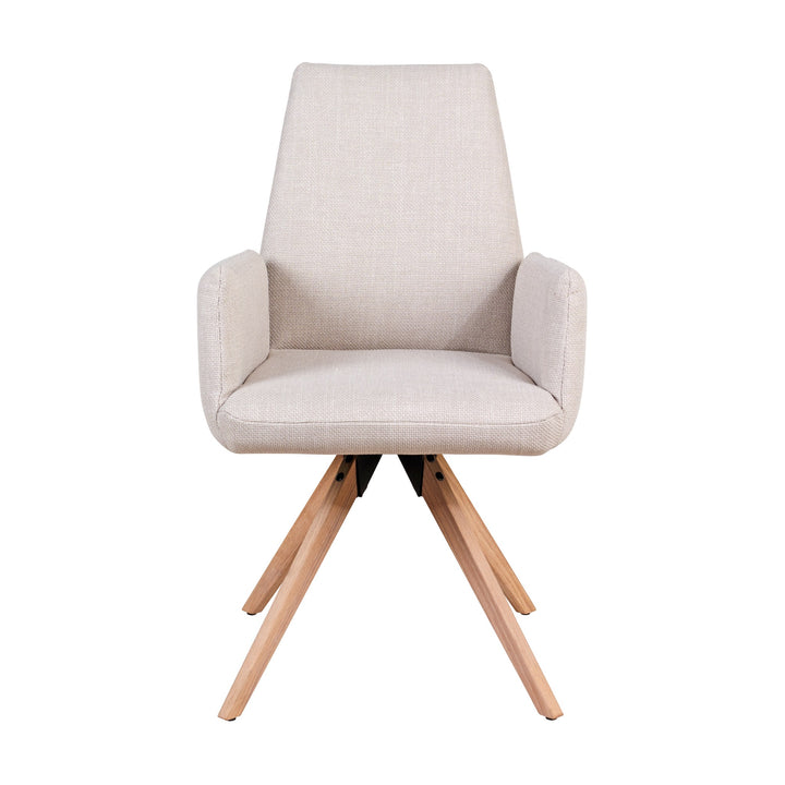 Hjort Knudsen 9063 spisestol i beige stoff med armlener og eikeben