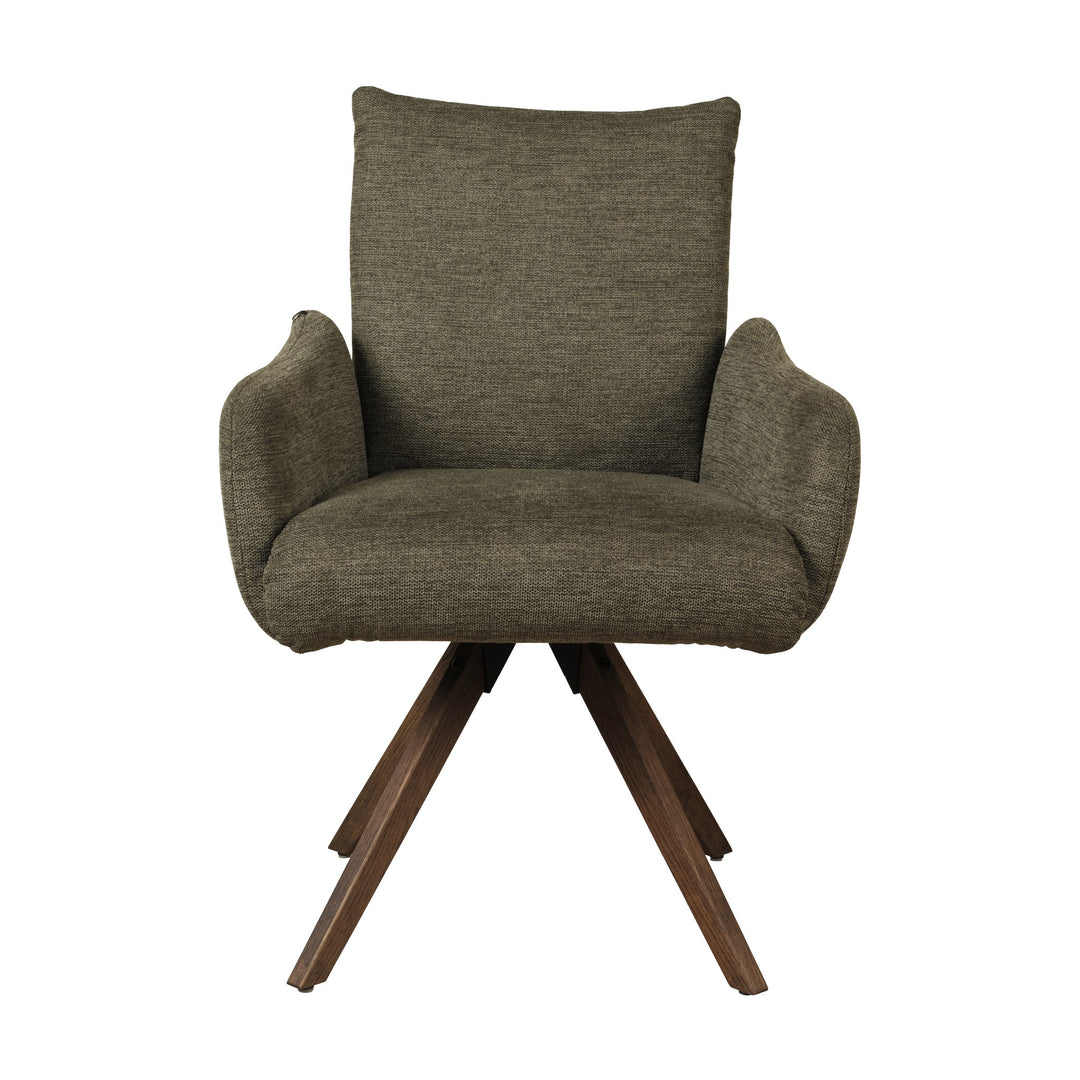 Hjort Knudsen 9263 spisestol i olivengrønn chenille med armlener og brune treben, forfra