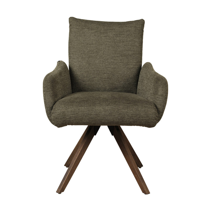 Hjort Knudsen 9263 spisestol i olivengrønn chenille med armlener og brune treben, forfra