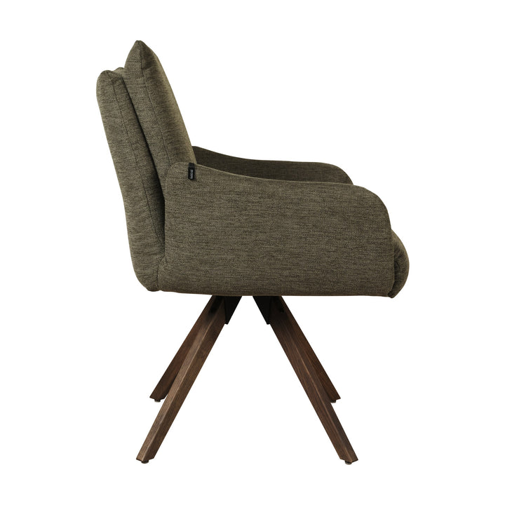 Hjort Knudsen 9263 spisestol i olivengrønn chenille med armlener og brune treben, fra siden