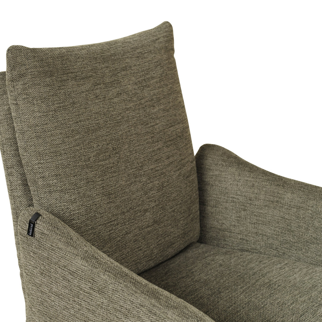 Hjort Knudsen 9263 spisestol, nærbilde av olivengrønn chenille og armlene